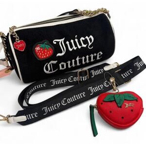 JUICY COUTURE Sweet N Juicy Strawberry Mini Barrel Bag Black Terry Cloth Y2K